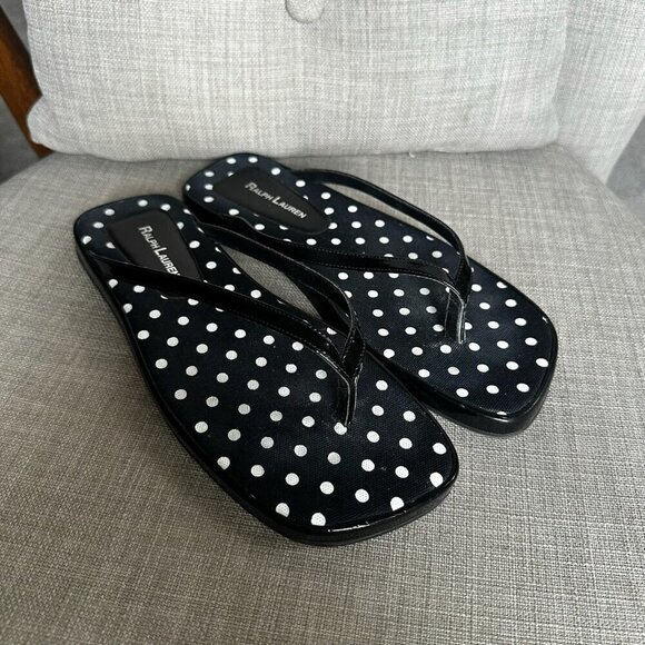 Ralph Lauren Sandals Womens 7 Patent Leather Black Polka Dot Preppy Flip Flops - Picture 1 of 8